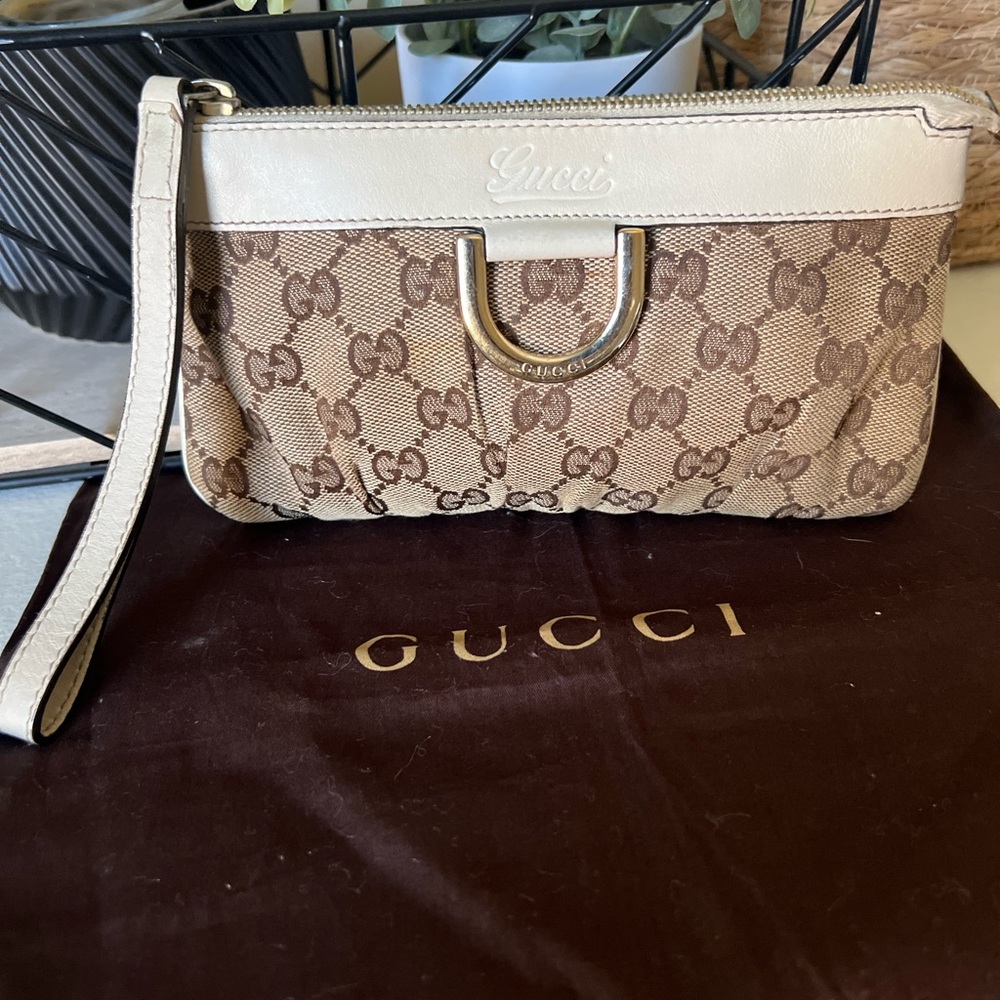 Gucci Brown and White Monogram Wristlet